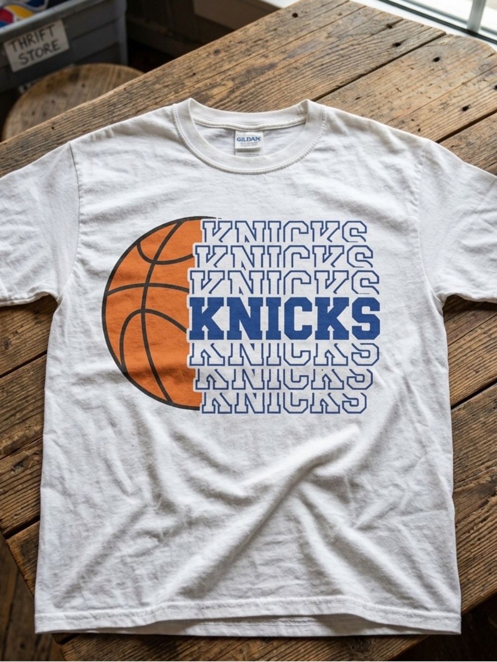Gildan White Knicks Graphic Tee with Orange Basketball